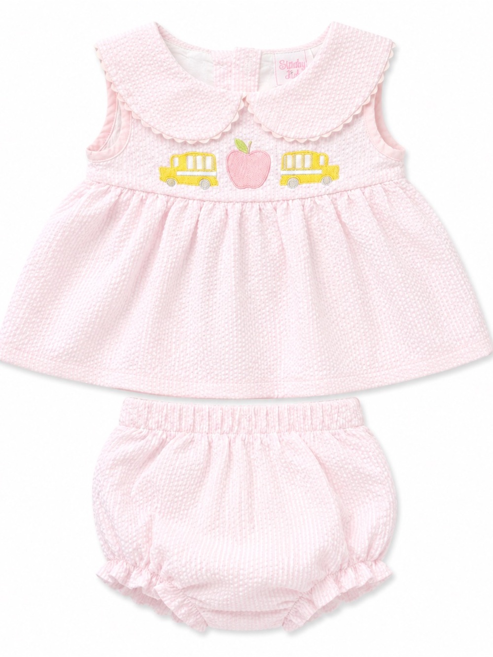 Stitchy Fish Pink School Bus Apple Seersucker Bloomer Set Baby Girl 12M